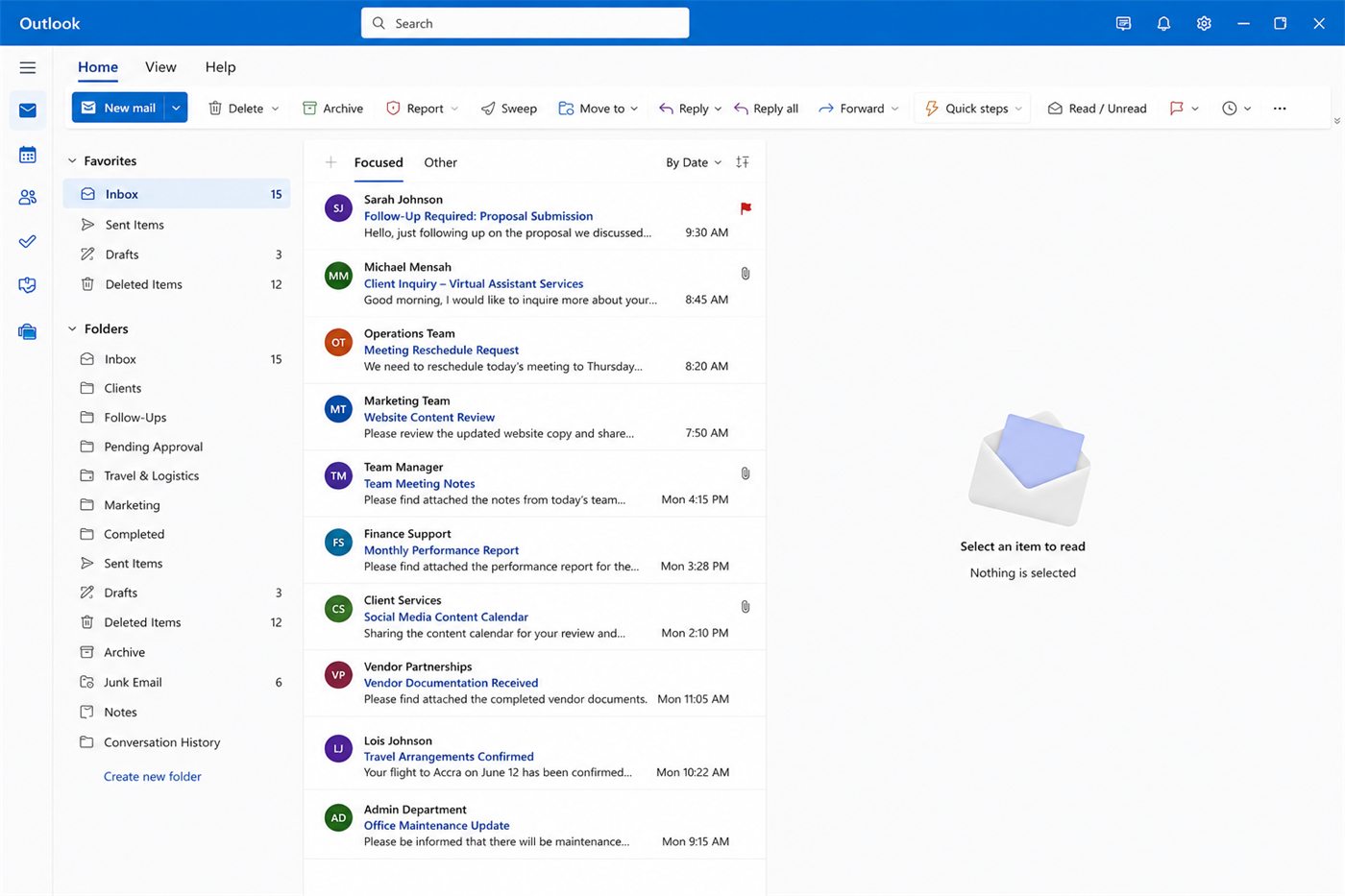 Microsoft 365 Outlook email management, ExecutiveAid Virtual Assistant Ghana screenshot 1